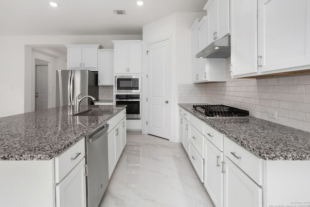 kitchen with a sink, marble finish floor, visible vents, white cabinetry, and appliances with stainless steel finishes