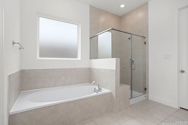 full bathroom with tile patterned floors, recessed lighting, a shower stall, and a bath
