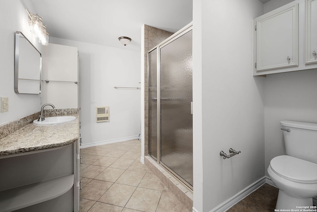 bathroom featuring a shower stall, heating unit, toilet, vanity, and tile patterned flooring
