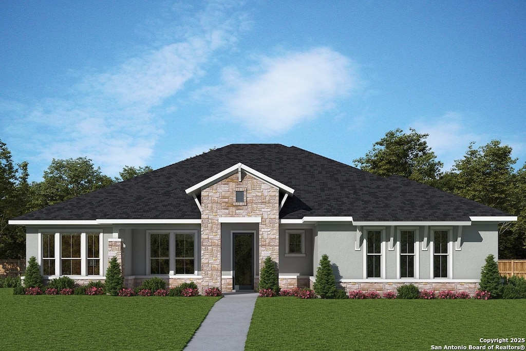 view of front of property featuring roof with shingles, stucco siding, a front yard, and stone siding