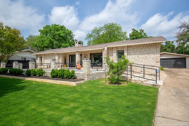 ranch-style house with an outbuilding, a front lawn, stone siding, and a chimney