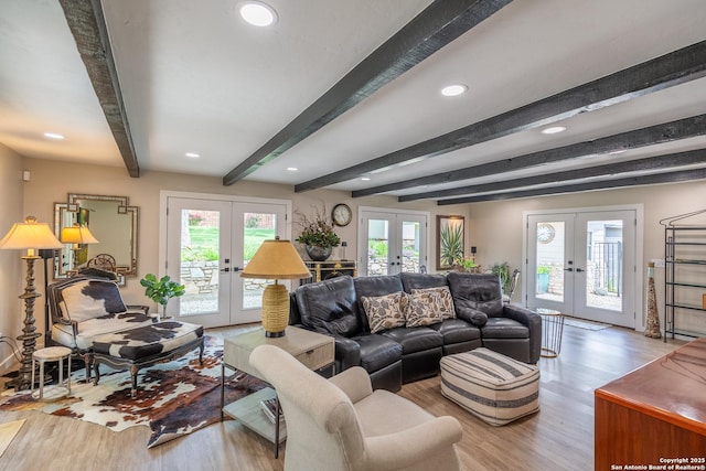 living room featuring wood finished floors, french doors, a healthy amount of sunlight, and recessed lighting