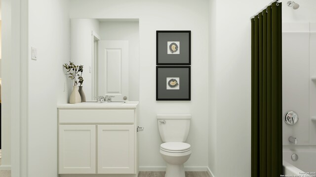 3535 Glade Crk, San Antonio, TX 78245 - full bathroom with shower / tub combo, vanity, toilet, and baseboards