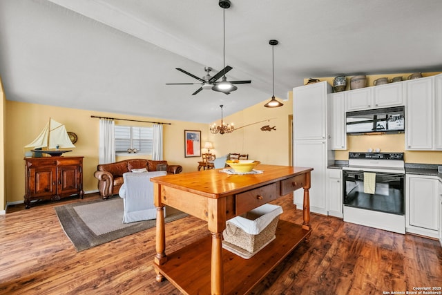 kitchen with wood finished floors, vaulted ceiling with beams, range with electric stovetop, white cabinetry, and black microwave