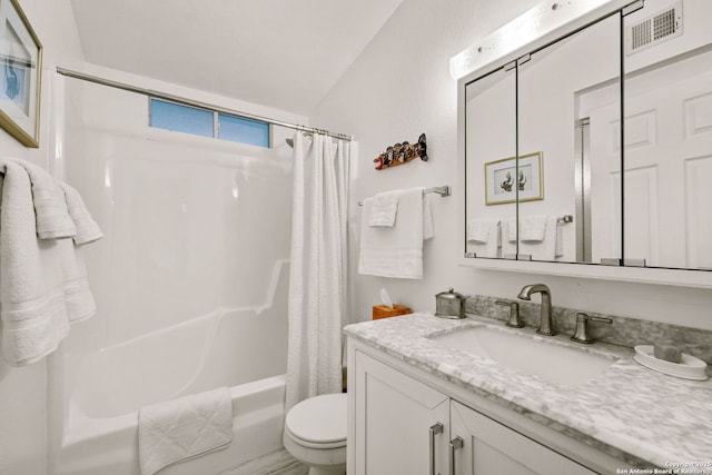 full bathroom with shower / bath combination with curtain, vaulted ceiling, toilet, vanity, and visible vents