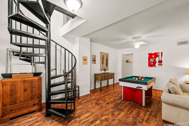 recreation room featuring billiards, ceiling fan, visible vents, baseboards, and wood finished floors
