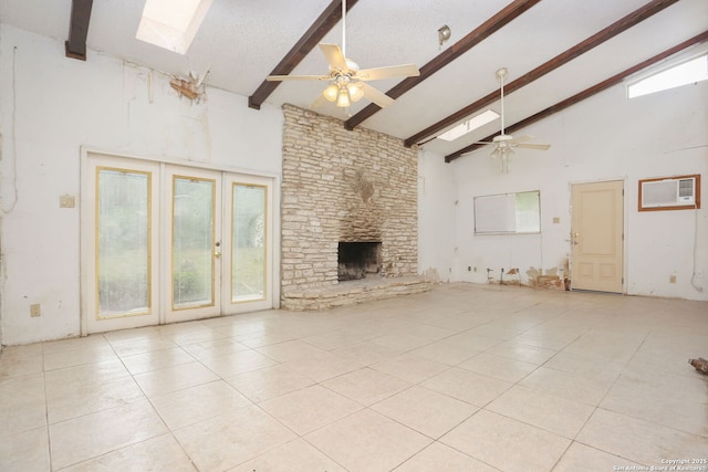unfurnished living room featuring beam ceiling, high vaulted ceiling, and light tile patterned flooring