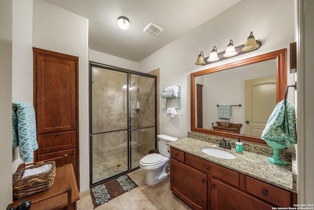 bathroom with vanity, toilet, tile patterned floors, a shower stall, and visible vents