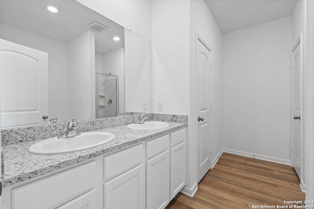 bathroom with double vanity, wood finished floors, walk in shower, and a sink