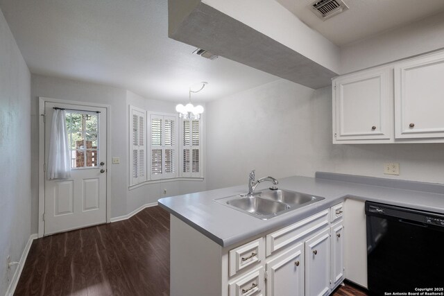 kitchen with a sink, visible vents, white cabinetry, a peninsula, and dishwasher