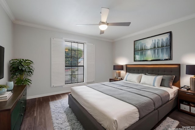 bedroom featuring crown molding, ceiling fan, baseboards, and dark wood-type flooring