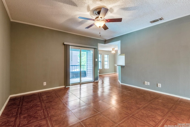 unfurnished room featuring visible vents, ornamental molding, ceiling fan, and a textured ceiling