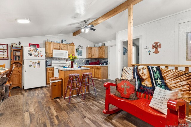kitchen featuring a kitchen island, dark wood-style floors, white appliances, a ceiling fan, and vaulted ceiling with beams
