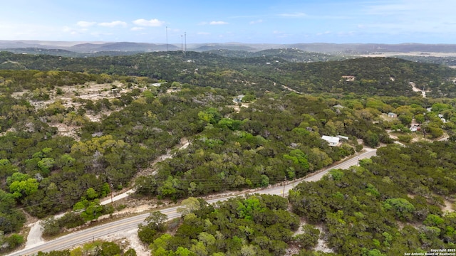 bird's eye view featuring a wooded view and a mountain view