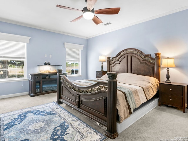 11890 Ranch Road 965, Fredericksburg, TX 78624 - bedroom with baseboards, visible vents, crown molding, and carpet flooring