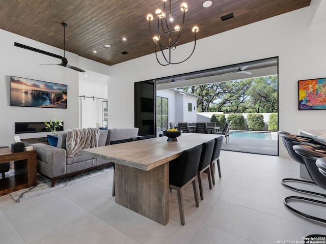dining space with recessed lighting, wood ceiling, light tile patterned floors, visible vents, and a ceiling fan