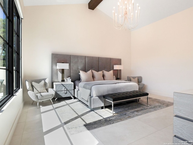 bedroom featuring baseboards, light tile patterned floors, an inviting chandelier, and vaulted ceiling with beams