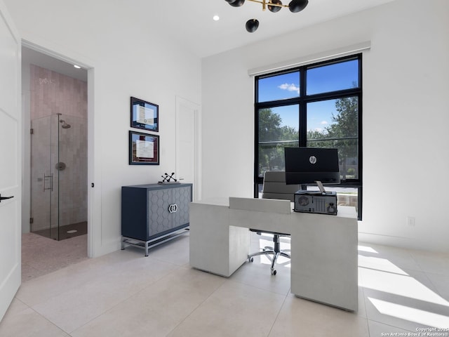 tiled home office with recessed lighting