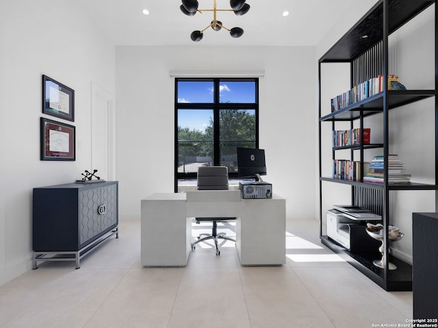 office with an inviting chandelier