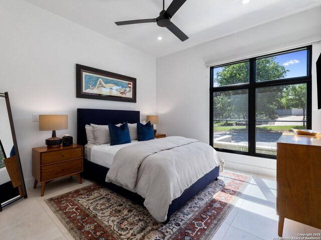 bedroom featuring recessed lighting, ceiling fan, and light tile patterned flooring