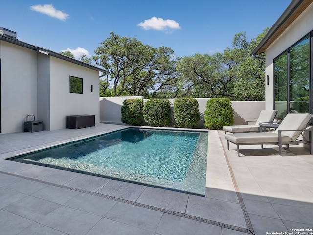 view of pool featuring a fenced backyard, a patio area, and a fenced in pool