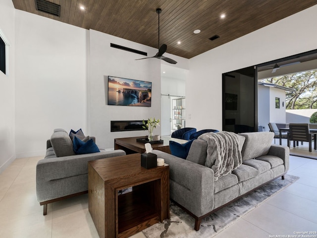 living area with wood ceiling, visible vents, ceiling fan, and recessed lighting