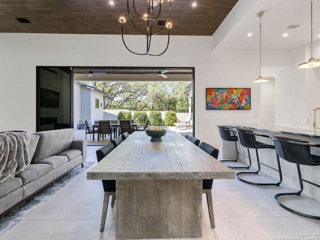 dining space with wooden ceiling, recessed lighting, an inviting chandelier, light tile patterned floors, and visible vents