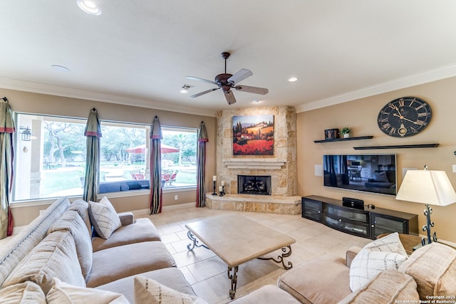 831 Fawnway, San Antonio, TX 78260 - living room with tile patterned floors, recessed lighting, ornamental molding, a fireplace, and a ceiling fan