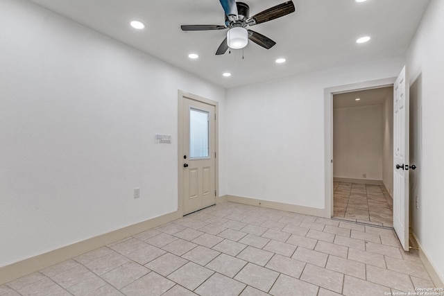 507 Lovera, San Antonio, TX 78212 - unfurnished room with baseboards, recessed lighting, ceiling fan, and light tile patterned flooring