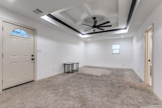 507 Lovera, San Antonio, TX 78212 - foyer entrance with coffered ceiling, carpet floors, baseboards, visible vents, and a ceiling fan