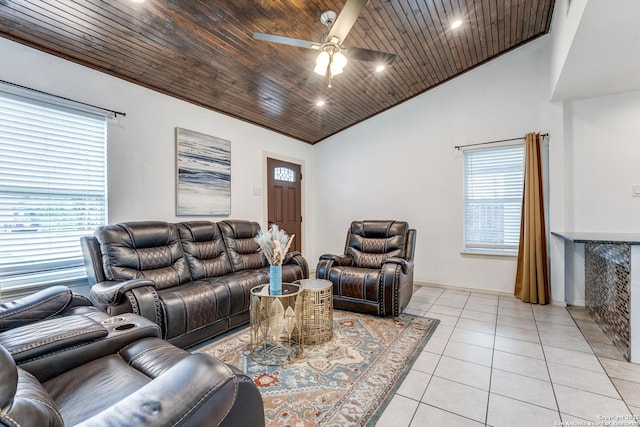 507 Lovera, San Antonio, TX 78212 - living room featuring wooden ceiling, recessed lighting, vaulted ceiling, a ceiling fan, and light tile patterned flooring