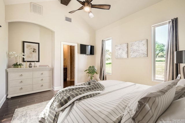 bedroom featuring baseboards, visible vents, ceiling fan, and dark wood-style flooring