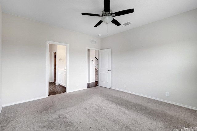9416 Tennant Ln, Converse, TX 78109 - unfurnished bedroom with visible vents, ceiling fan, baseboards, and carpet floors