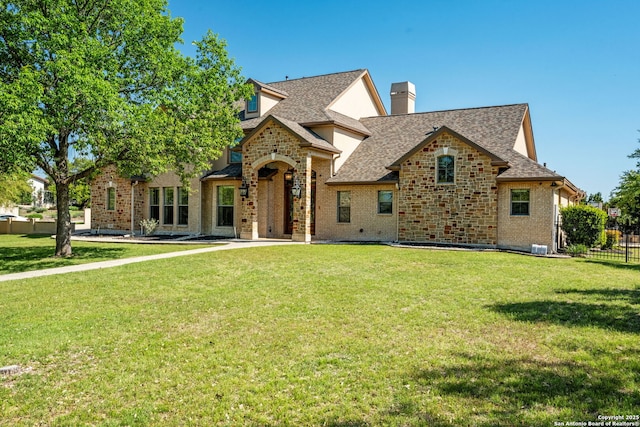 125 Creek Spgs, Boerne, TX 78006 - view of front of property with fence, roof with shingles, a chimney, and a front lawn
