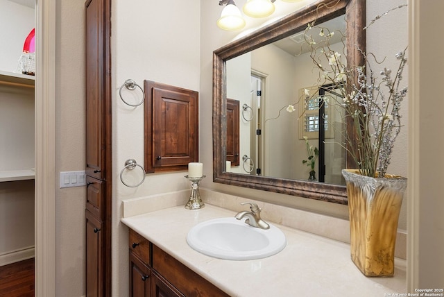 bathroom with wood finished floors and vanity