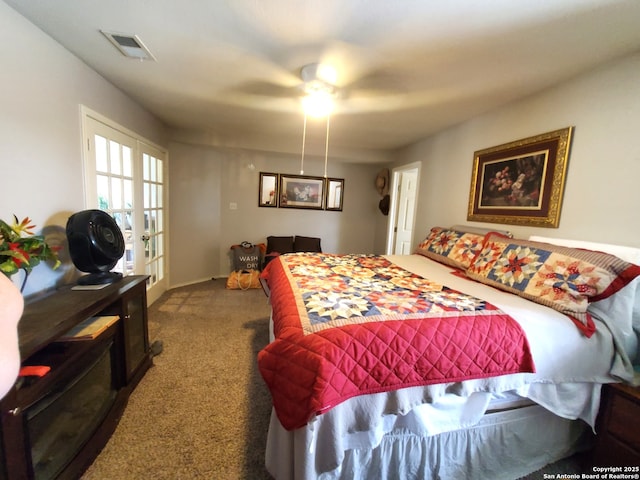 bedroom featuring visible vents, ceiling fan, carpet flooring, and baseboards
