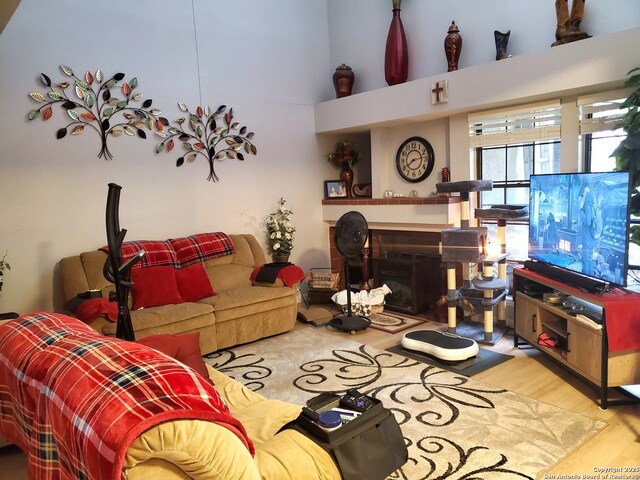 living room with wood finished floors and a fireplace