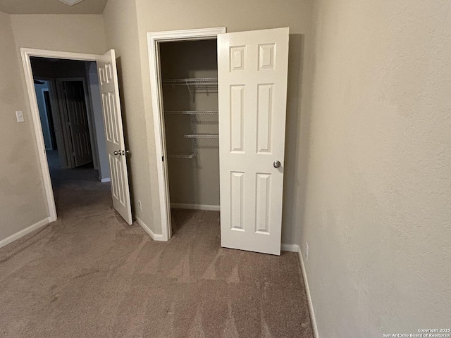 unfurnished bedroom featuring a spacious closet, baseboards, carpet flooring, and a closet