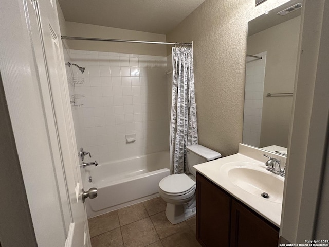 full bathroom with shower / bathtub combination with curtain, vanity, toilet, visible vents, and a textured wall