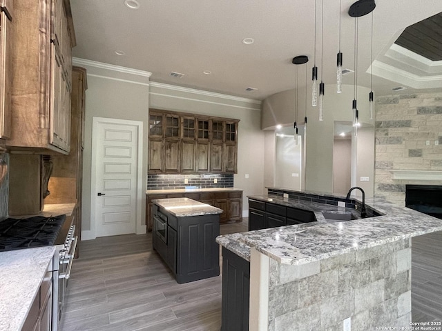 kitchen with brown cabinets, tasteful backsplash, crown molding, a large island with sink, and high end stainless steel range