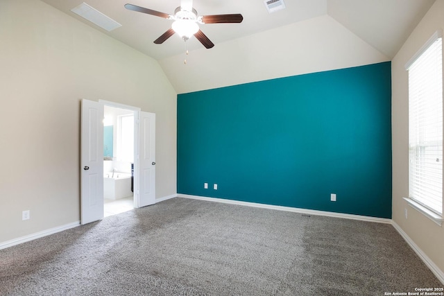 723 Decathlon, San Antonio, TX 78245 - empty room featuring visible vents, a ceiling fan, vaulted ceiling, and carpet floors