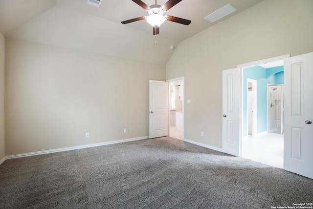 723 Decathlon, San Antonio, TX 78245 - unfurnished bedroom with carpet flooring, ceiling fan, high vaulted ceiling, visible vents, and baseboards