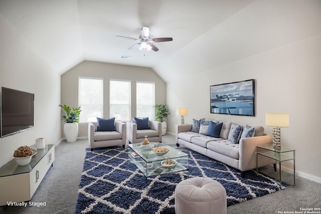 723 Decathlon, San Antonio, TX 78245 - carpeted living room featuring baseboards, visible vents, ceiling fan, and lofted ceiling