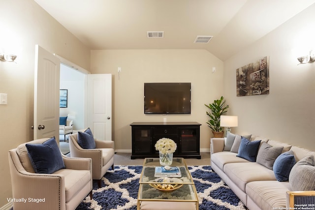 723 Decathlon, San Antonio, TX 78245 - carpeted living room with visible vents, vaulted ceiling, and baseboards