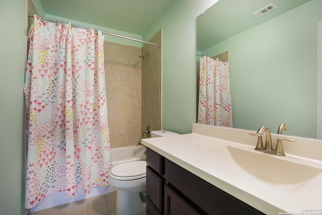 723 Decathlon, San Antonio, TX 78245 - full bathroom featuring vanity, toilet, visible vents, tile patterned flooring, and shower / tub combo with curtain