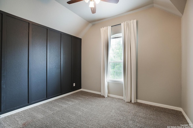 723 Decathlon, San Antonio, TX 78245 - interior space with baseboards, ceiling fan, carpet flooring, and vaulted ceiling
