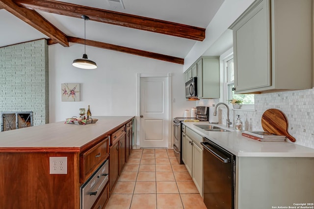 kitchen featuring lofted ceiling with beams, decorative backsplash, light tile patterned floors, black appliances, and a sink