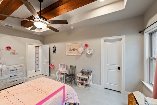 bedroom with baseboards, visible vents, light tile patterned floors, and ceiling fan