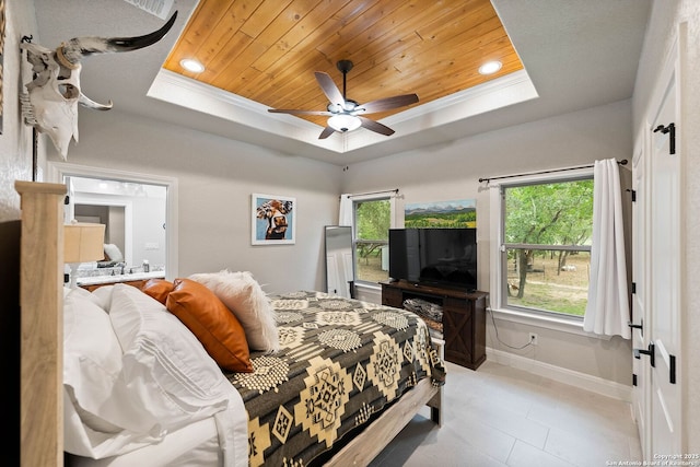 bedroom featuring recessed lighting, wooden ceiling, a raised ceiling, and baseboards
