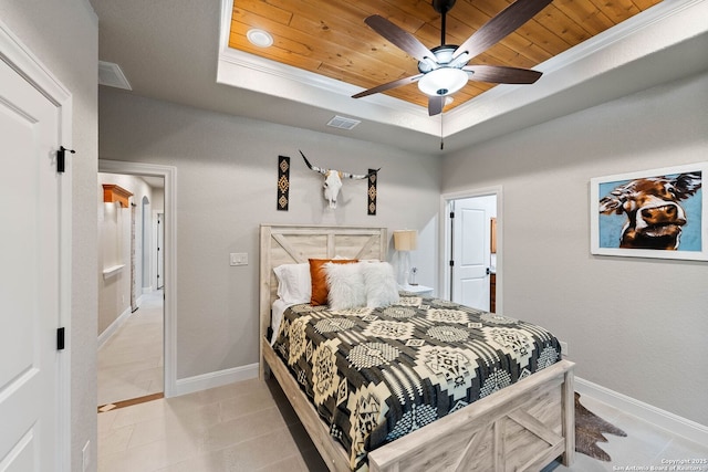 bedroom with visible vents, baseboards, a tray ceiling, and wooden ceiling